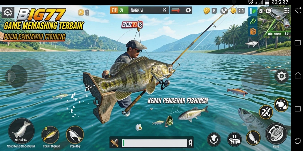 Screenshot utama game BIG77 menampilkan pemain yang sedang memancing di tepi danau.