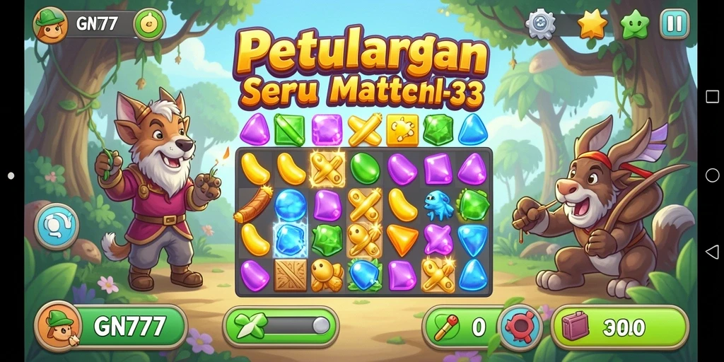 Screenshot gameplay GN777 menampilkan kombinasi permata yang berwarna-warni.