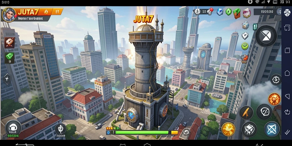 Tampilan gameplay JUTA7 menampilkan strategi pertahanan menara yang mendebarkan.