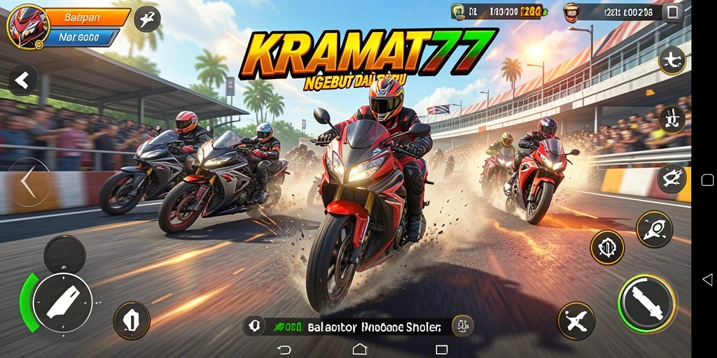Screenshot dari gameplay seru KRAMAT77 menampilkan balapan motor yang mendebarkan.