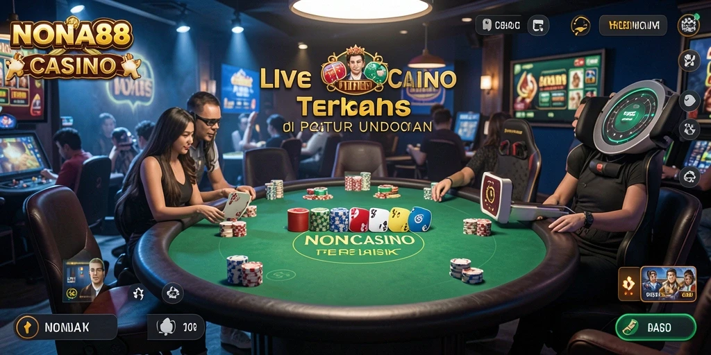 Screenshot gameplay NONA88 menampilkan dealer langsung dan suasana kasino nyata.
