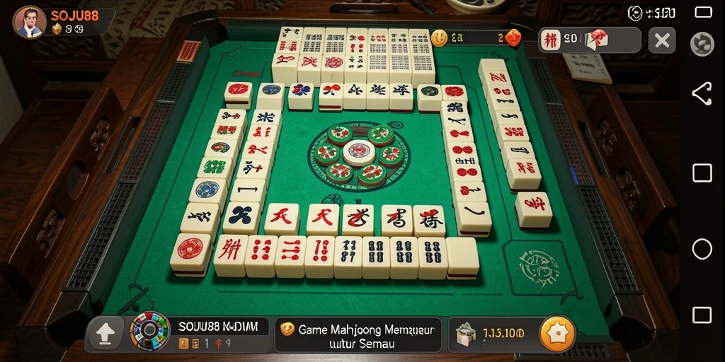 Screenshot gameplay <strong>SOJU88</strong> dengan suasana permainan Mahjong yang seru.